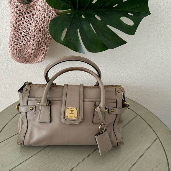 MCM Taupe Leather Satchel Purse, Gold Hardware, Medium Handbag, 12x6, Tote - Picture 2 of 10
